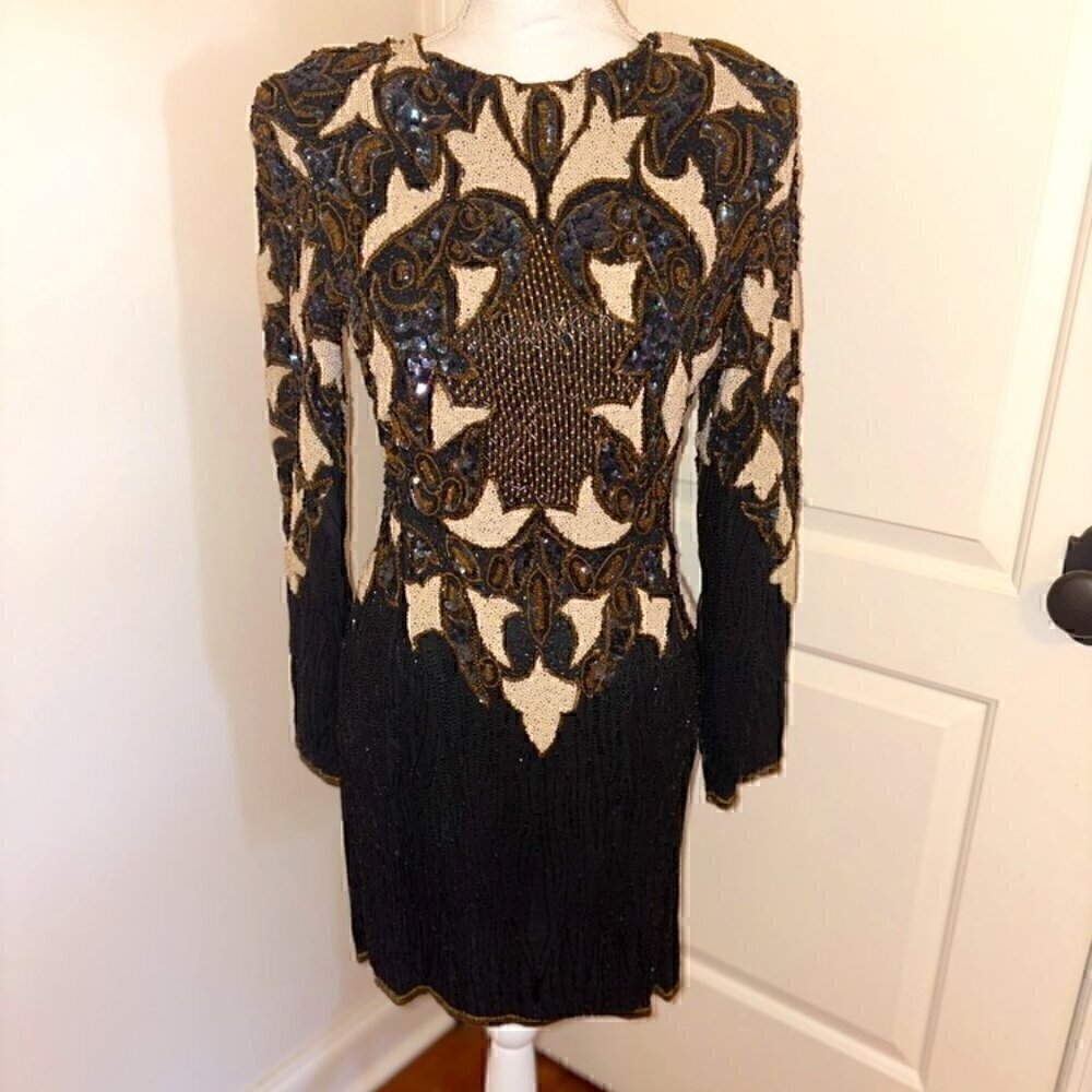 NEW WITH TAGS VINTAGE 100% SILK FULL SEQUINED OPEN BACK COCKTAIL DRESS SIZE S